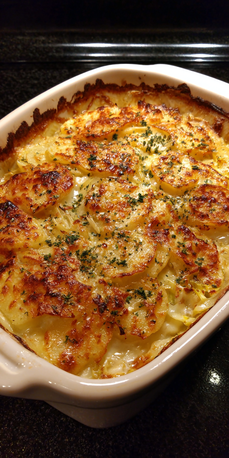 Irish Scalloped Potatoes with Cabbage served warm with cozy spices