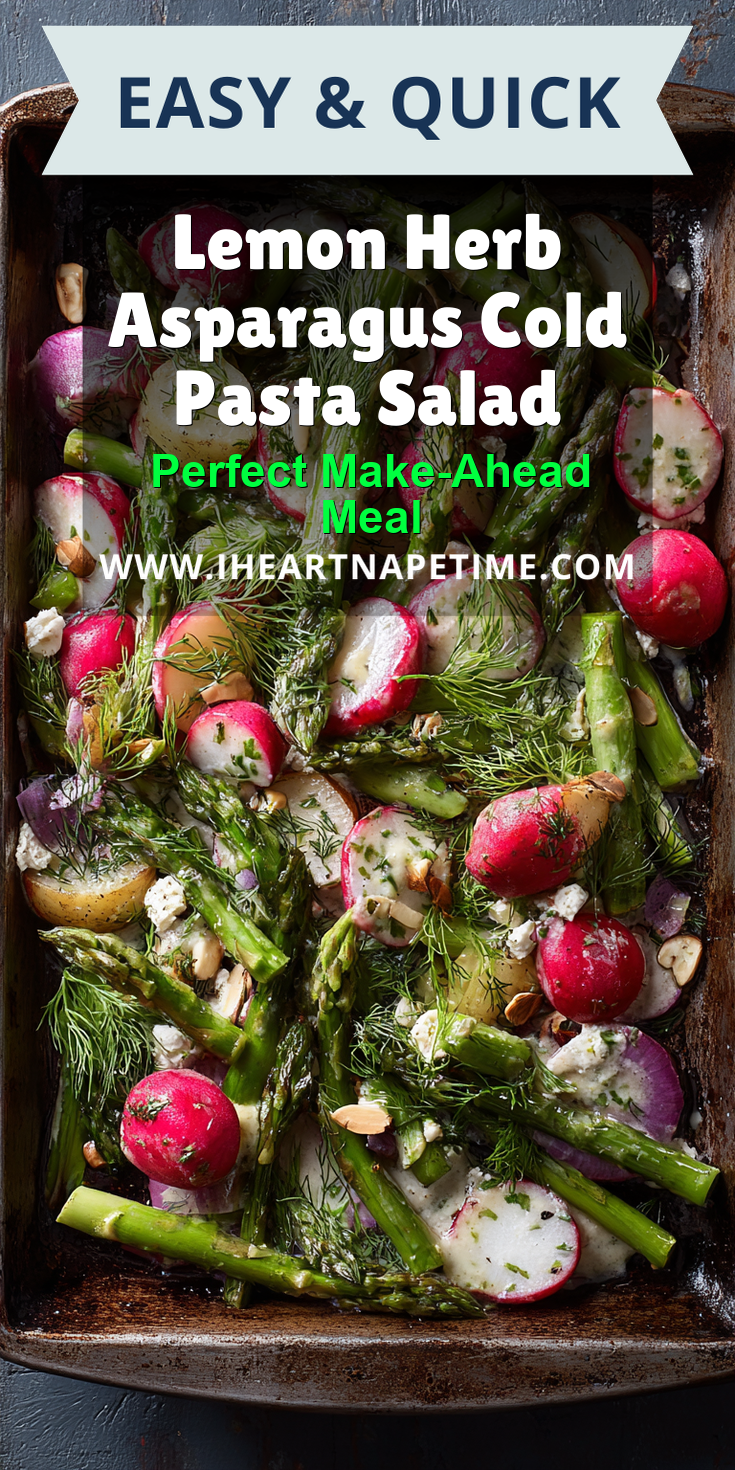 Lemon Herb Asparagus Cold Pasta Salad served warm with cozy spices