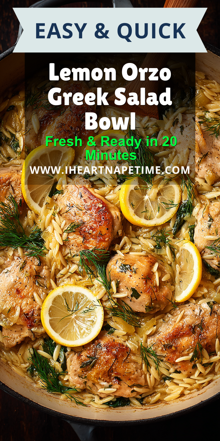 Lemon Orzo Greek Salad Bowl served warm with cozy spices