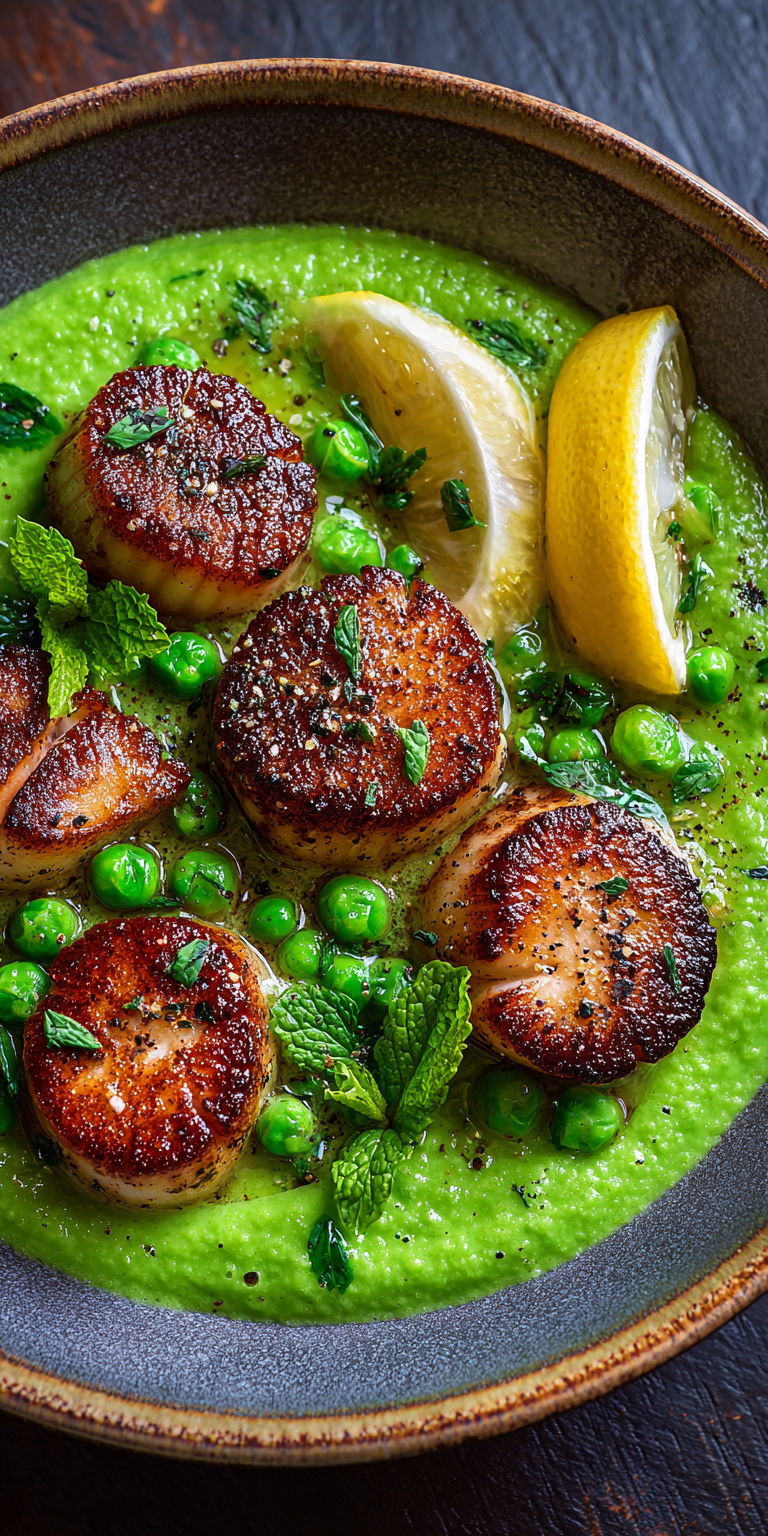 Pan Seared Scallops with Pea Puree served warm with cozy spices