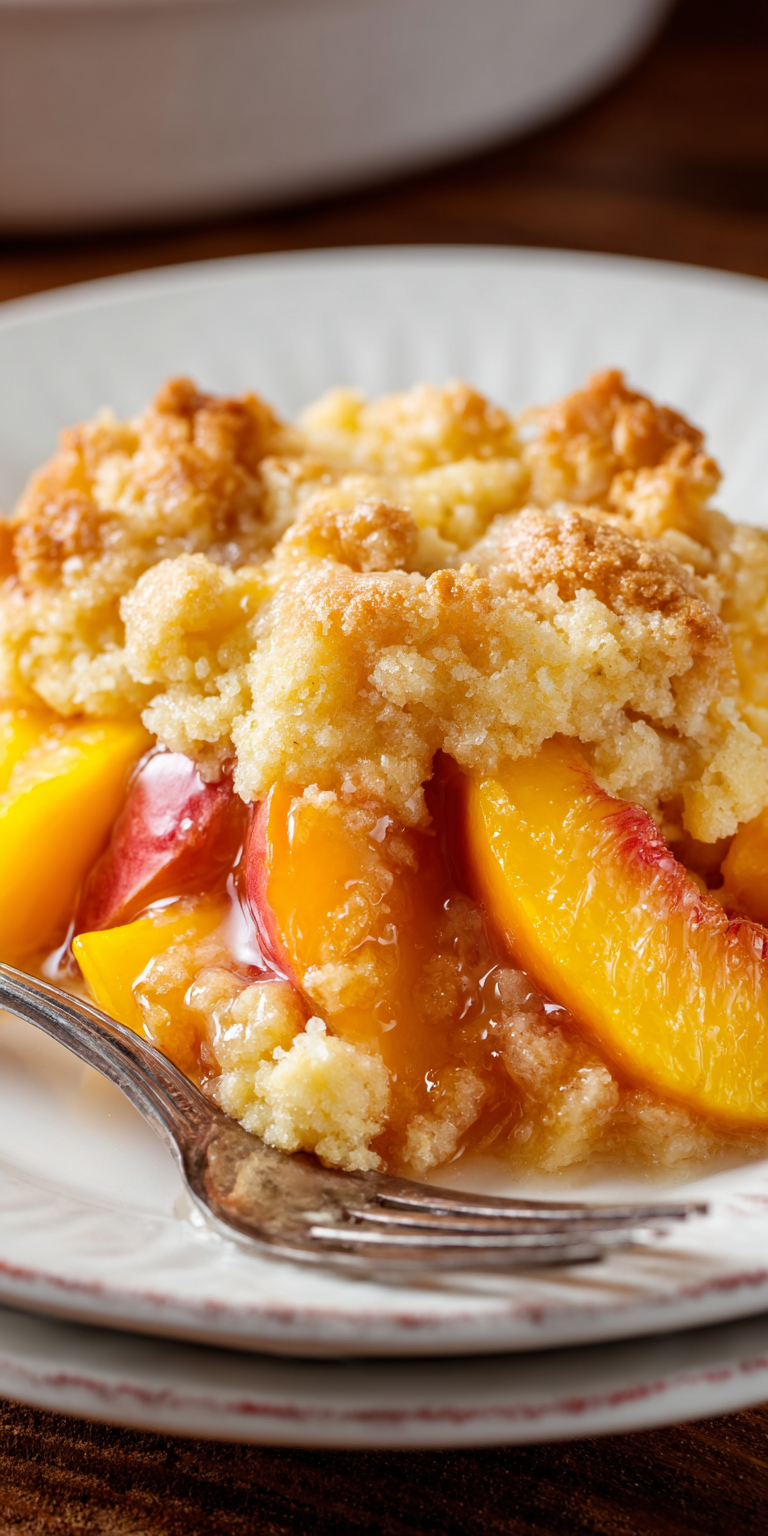 Peach Cobbler Dump Cake Dessert served warm with cozy spices