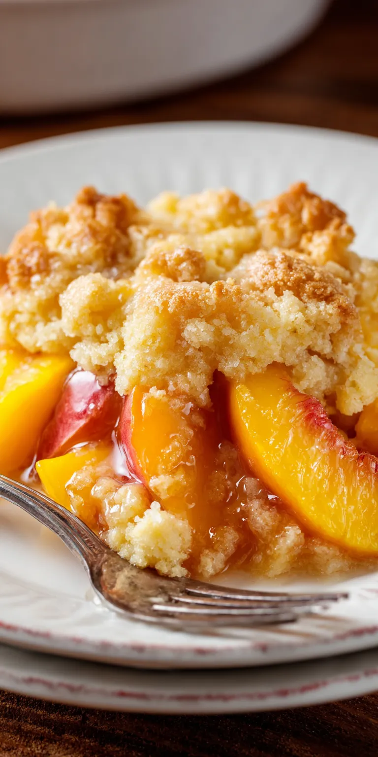 Peach Cobbler Dump Cake Dessert served warm with cozy spices