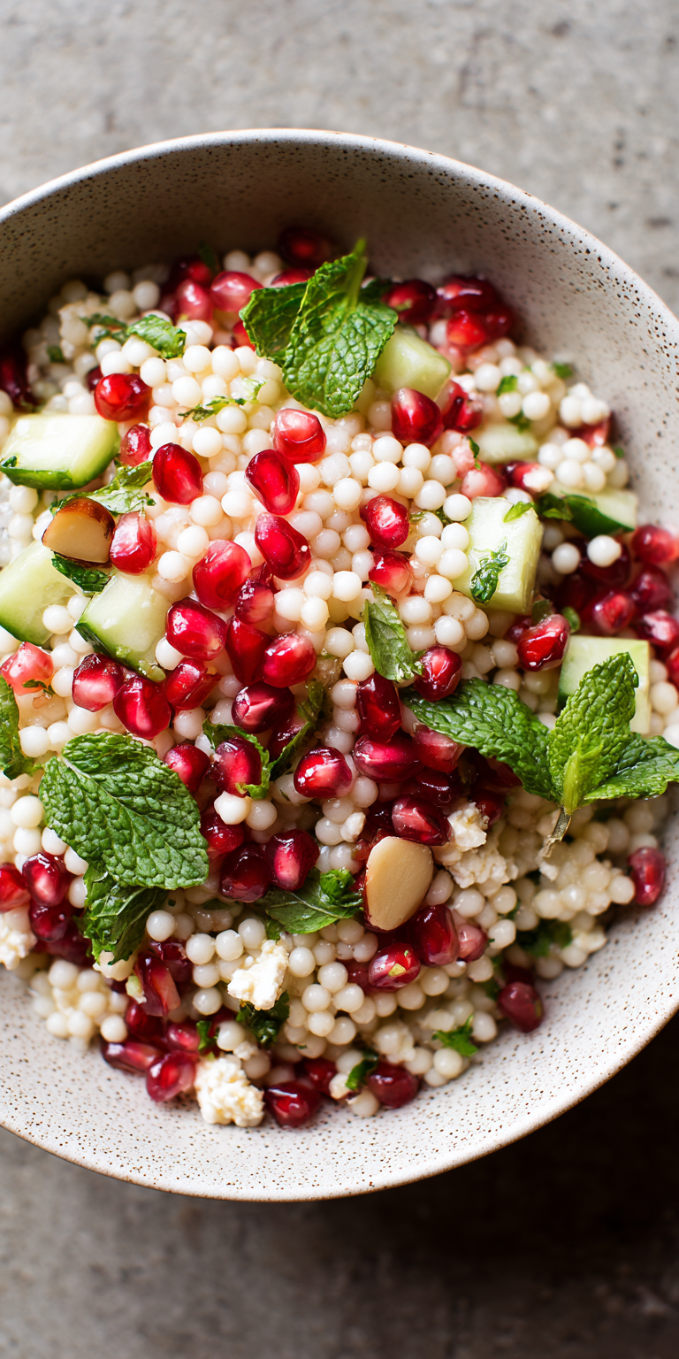 Pearl Couscous and Pomegranate Salad served warm with cozy spices
