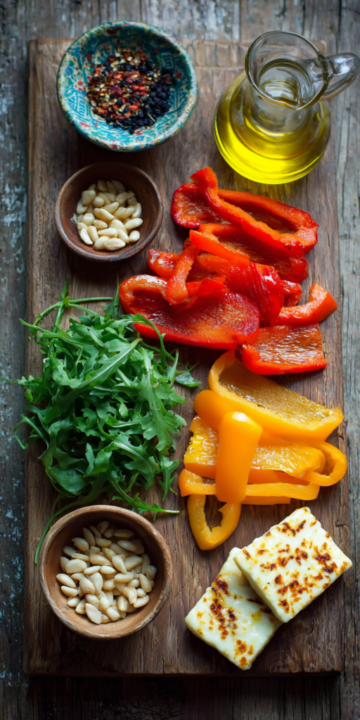 Roasted Bell Pepper and Grilled Halloumi Salad served warm with cozy spices