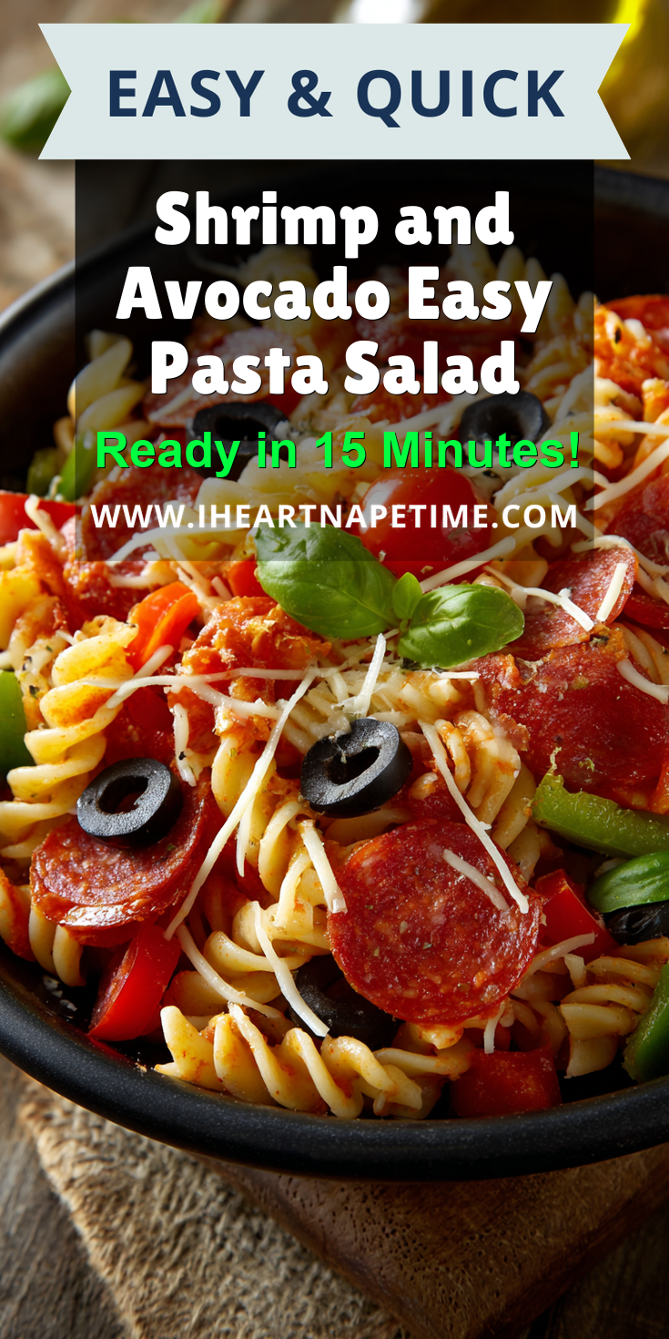 Shrimp and Avocado Easy Pasta Salad served warm with cozy spices