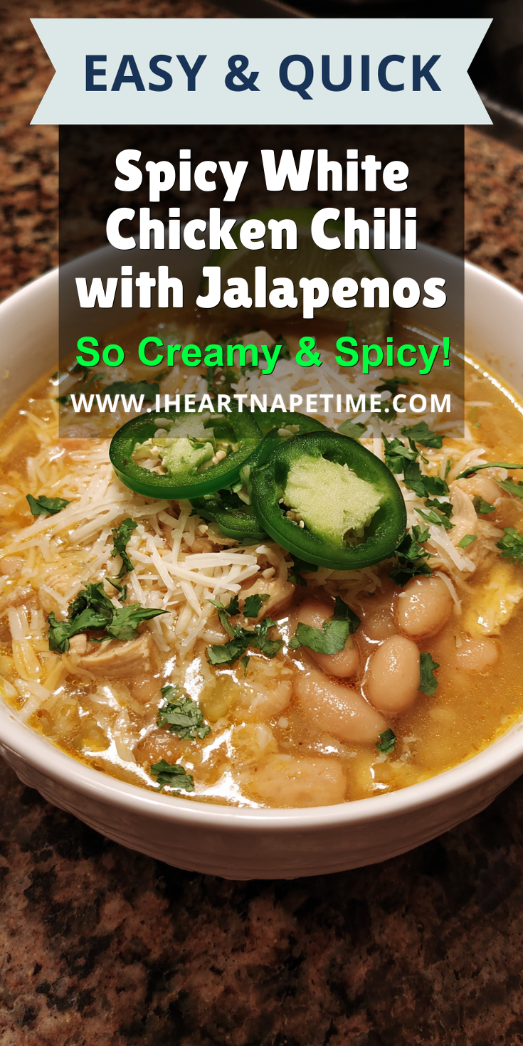 Spicy White Chicken Chili with Jalapenos served warm with cozy spices