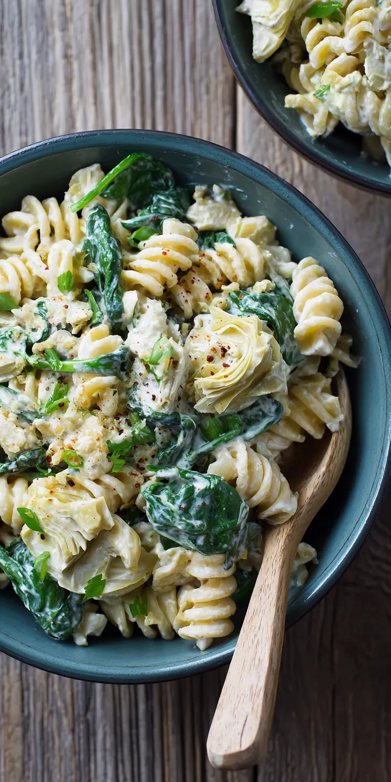 Spinach Artichoke Easy Pasta Salad served warm with cozy spices