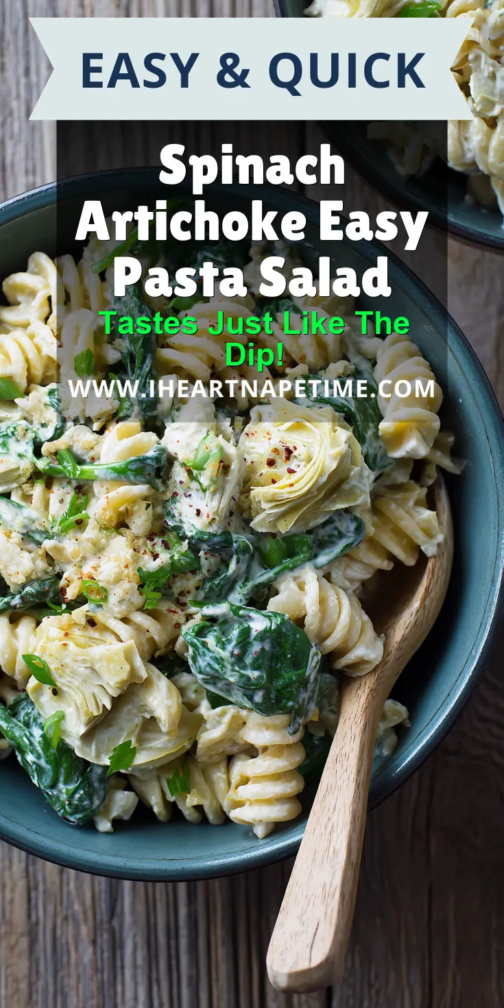 Spinach Artichoke Easy Pasta Salad served warm with cozy spices