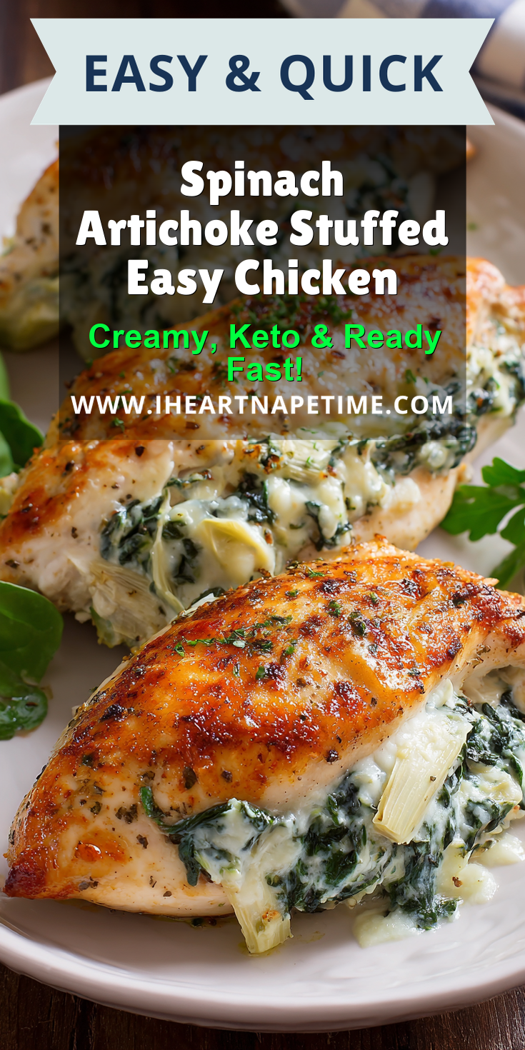 Spinach Artichoke Stuffed Easy Chicken served warm with cozy spices
