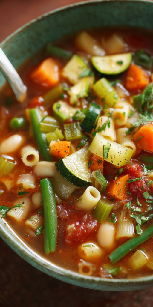 Spring Vegetable Minestrone Italian Soup served warm with cozy spices