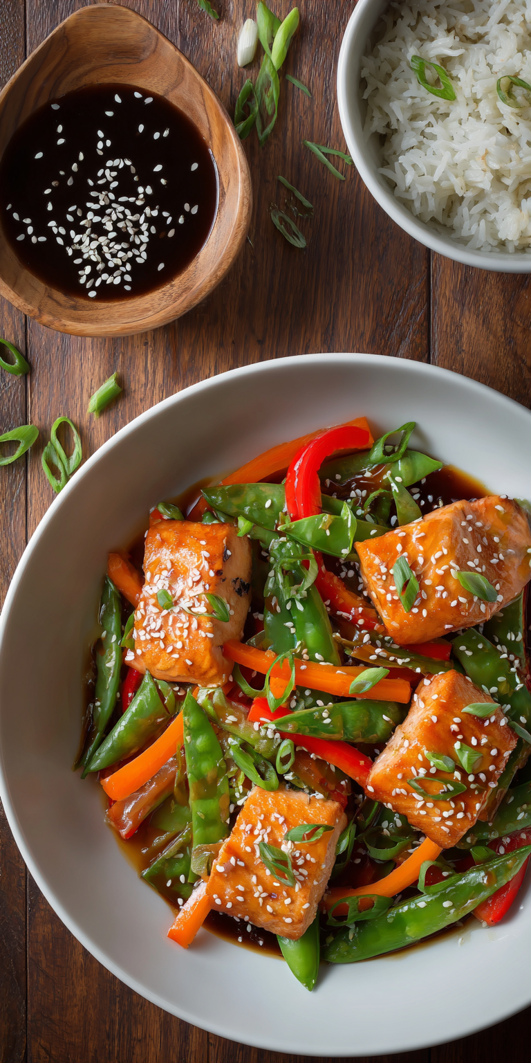 Sticky Sesame Salmon Stir Fry served warm with cozy spices