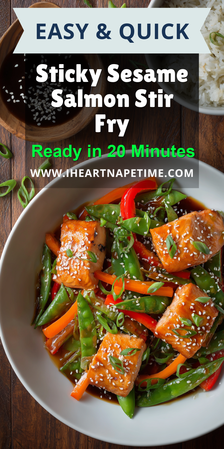 Sticky Sesame Salmon Stir Fry served on a plate