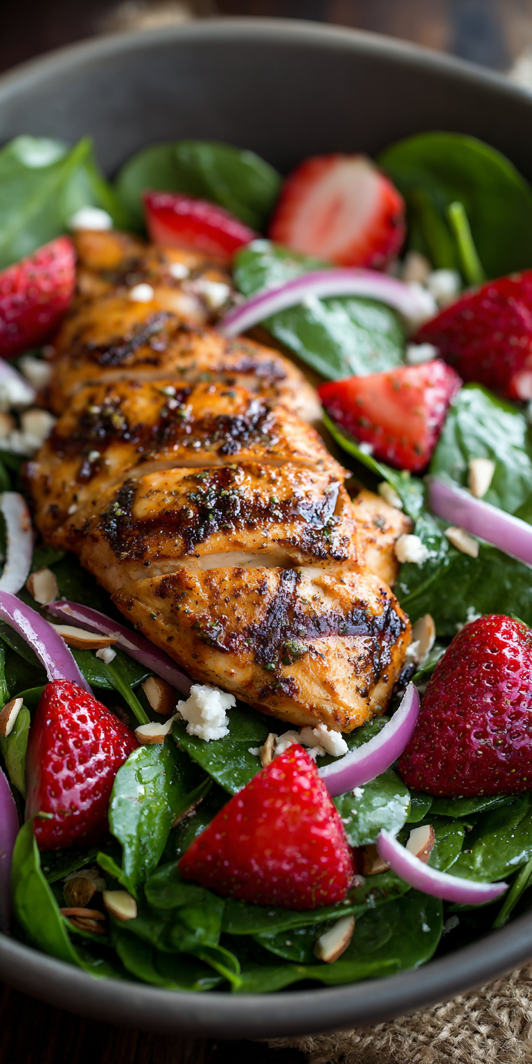Strawberry Spinach Salad with Grilled Chicken served warm with cozy spices