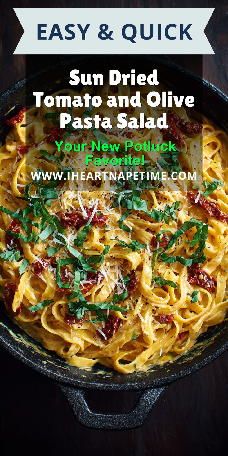 Sun Dried Tomato and Olive Pasta Salad served warm with cozy spices
