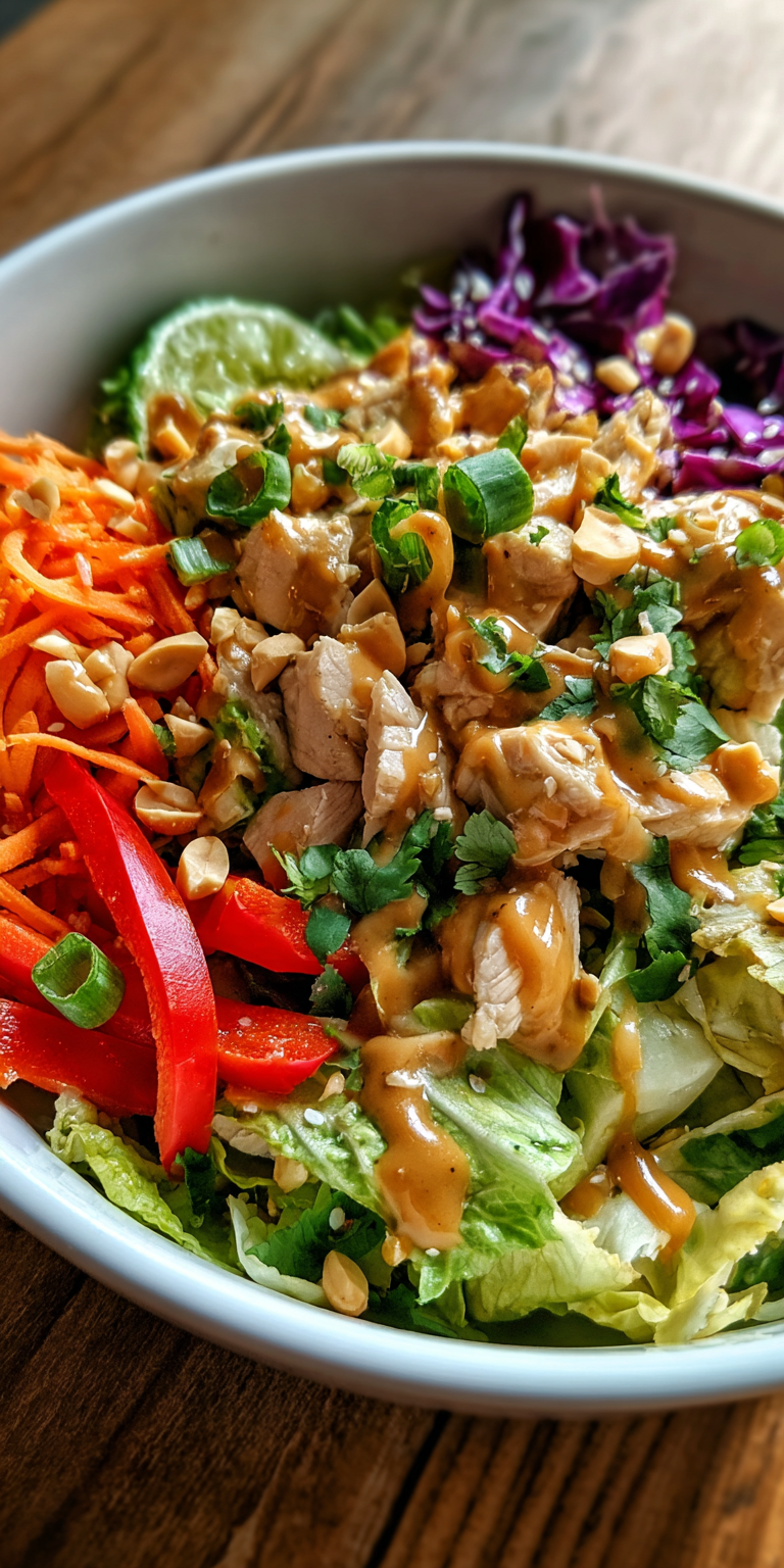 Thai Peanut Chicken Salad Bowl served warm with cozy spices