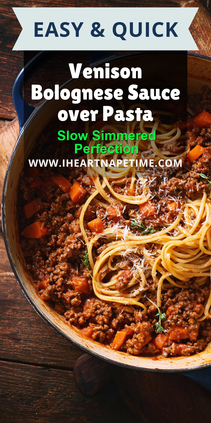 Venison Bolognese Sauce over Pasta served on a plate
