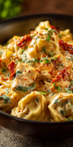 Viral Marry Me Chicken Tortellini Crockpot served warm with cozy spices
