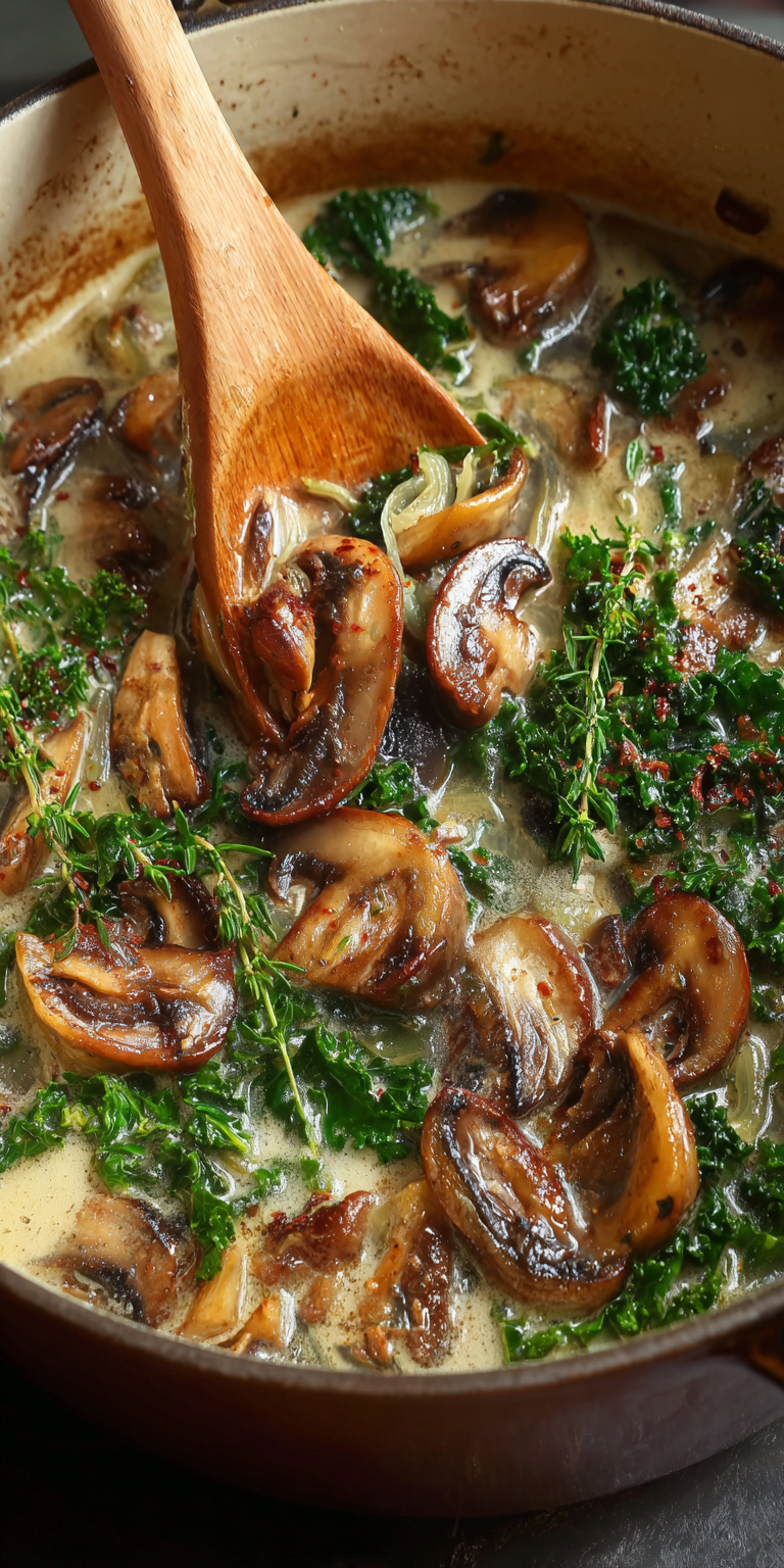 Wild Mushroom, Caramelized Onion and Kale Soup Recipe