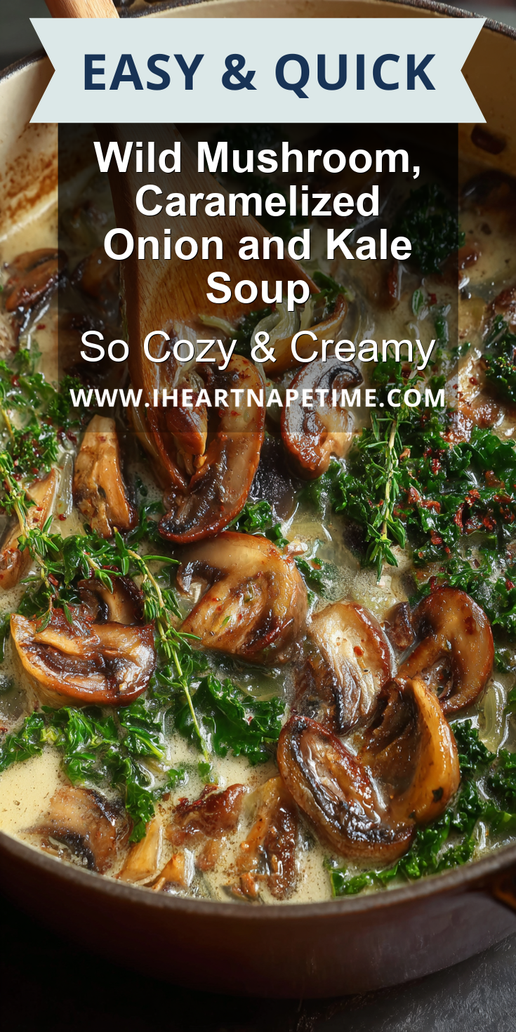 Wild Mushroom, Caramelized Onion and Kale Soup served warm with cozy spices
