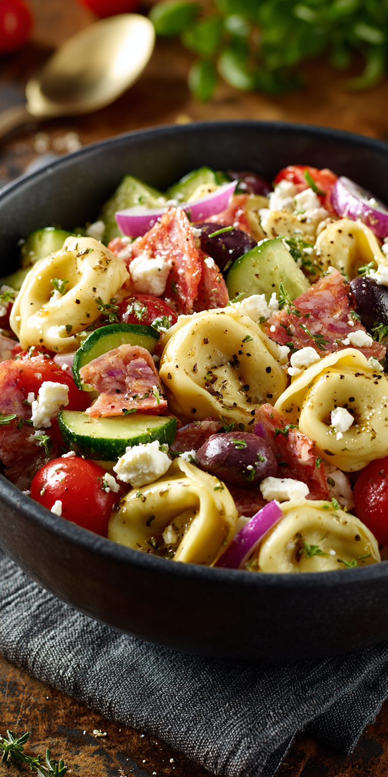 Zesty Greek Tortellini Pasta Salad served warm with cozy spices