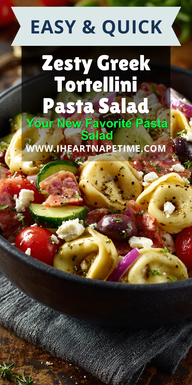 Zesty Greek Tortellini Pasta Salad served warm with cozy spices