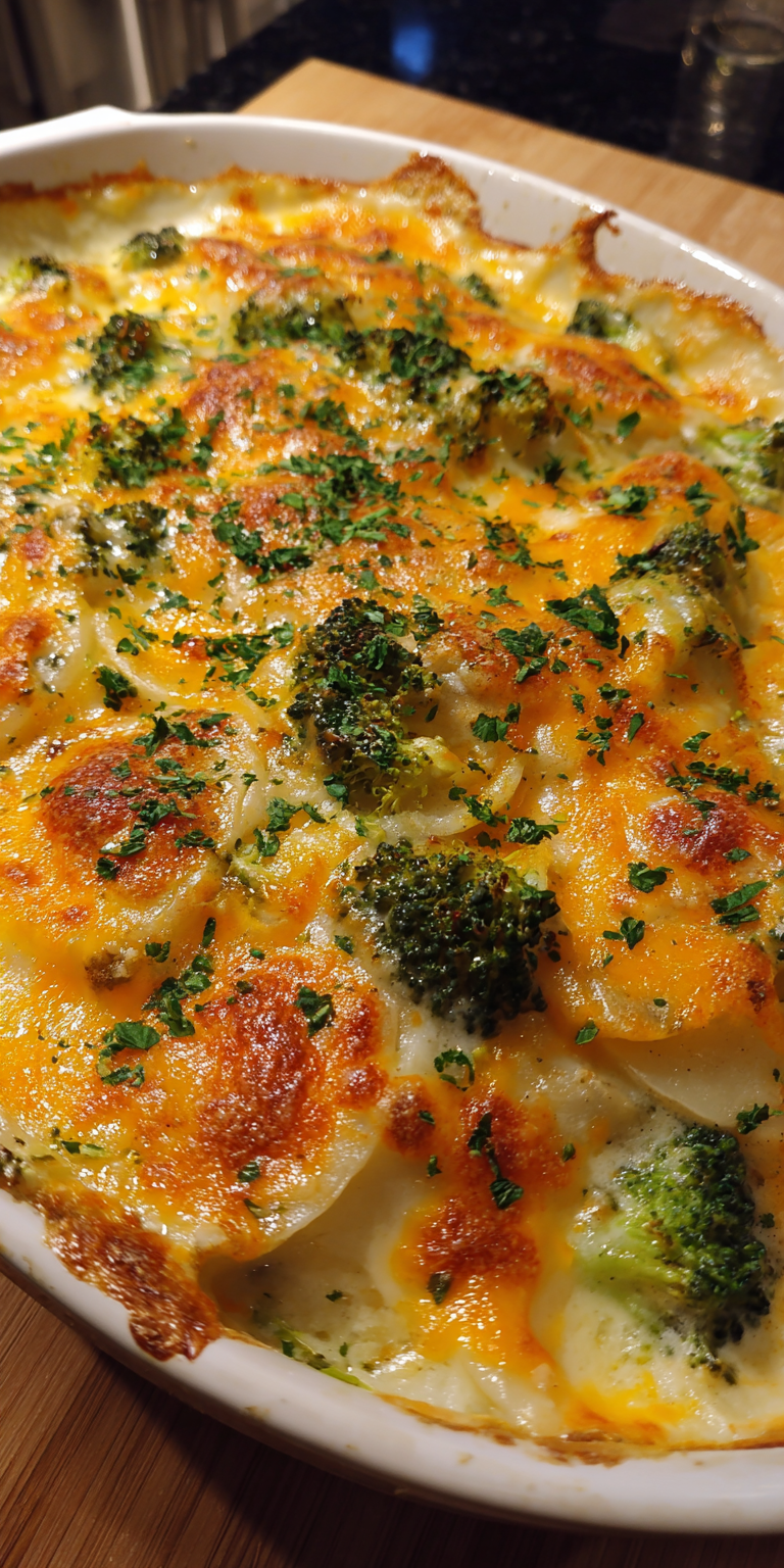 Broccoli Cheddar Scalloped Potatoes served warm with cozy spices