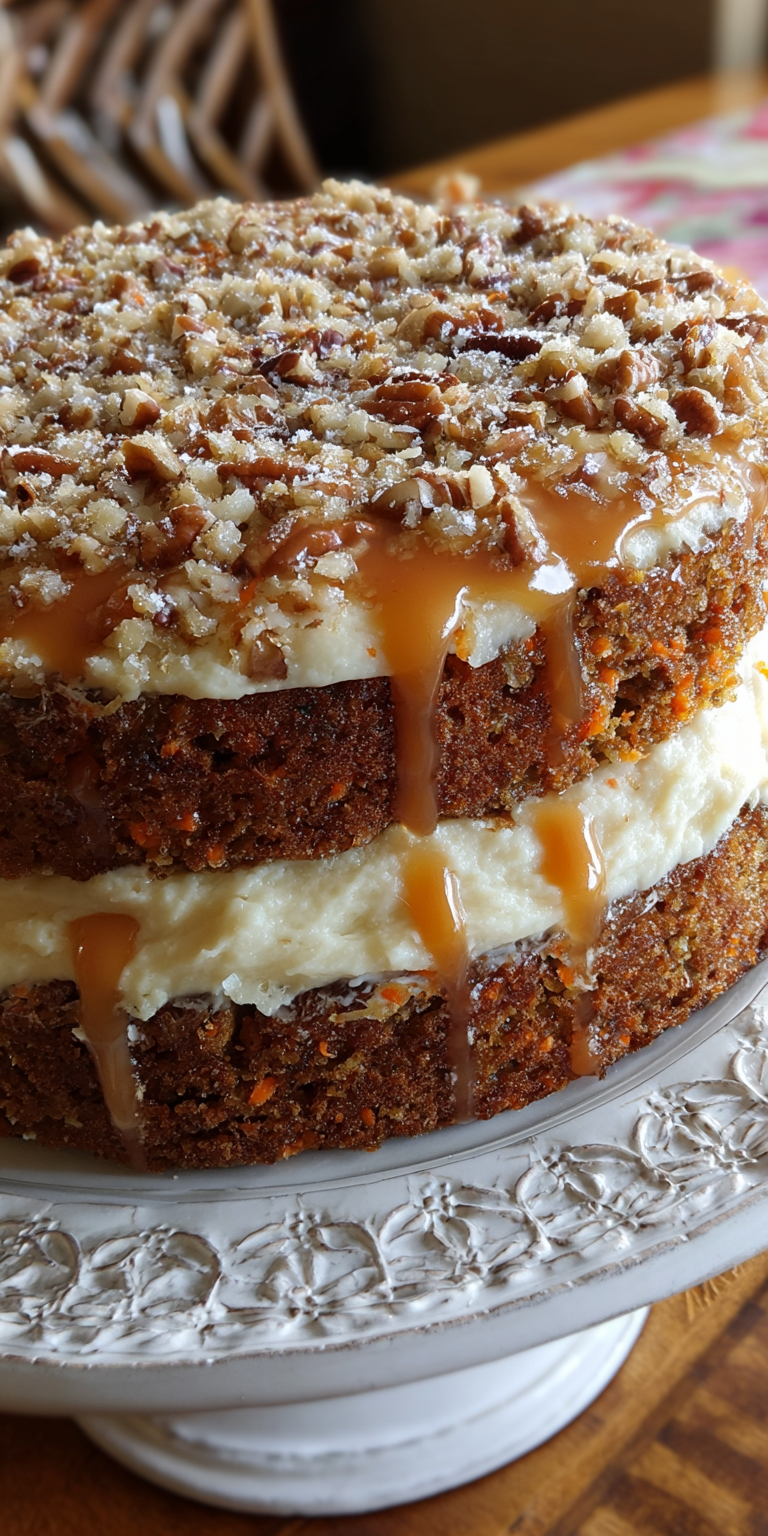 Caramel Pecan Carrot Cake Recipe served warm with cozy spices