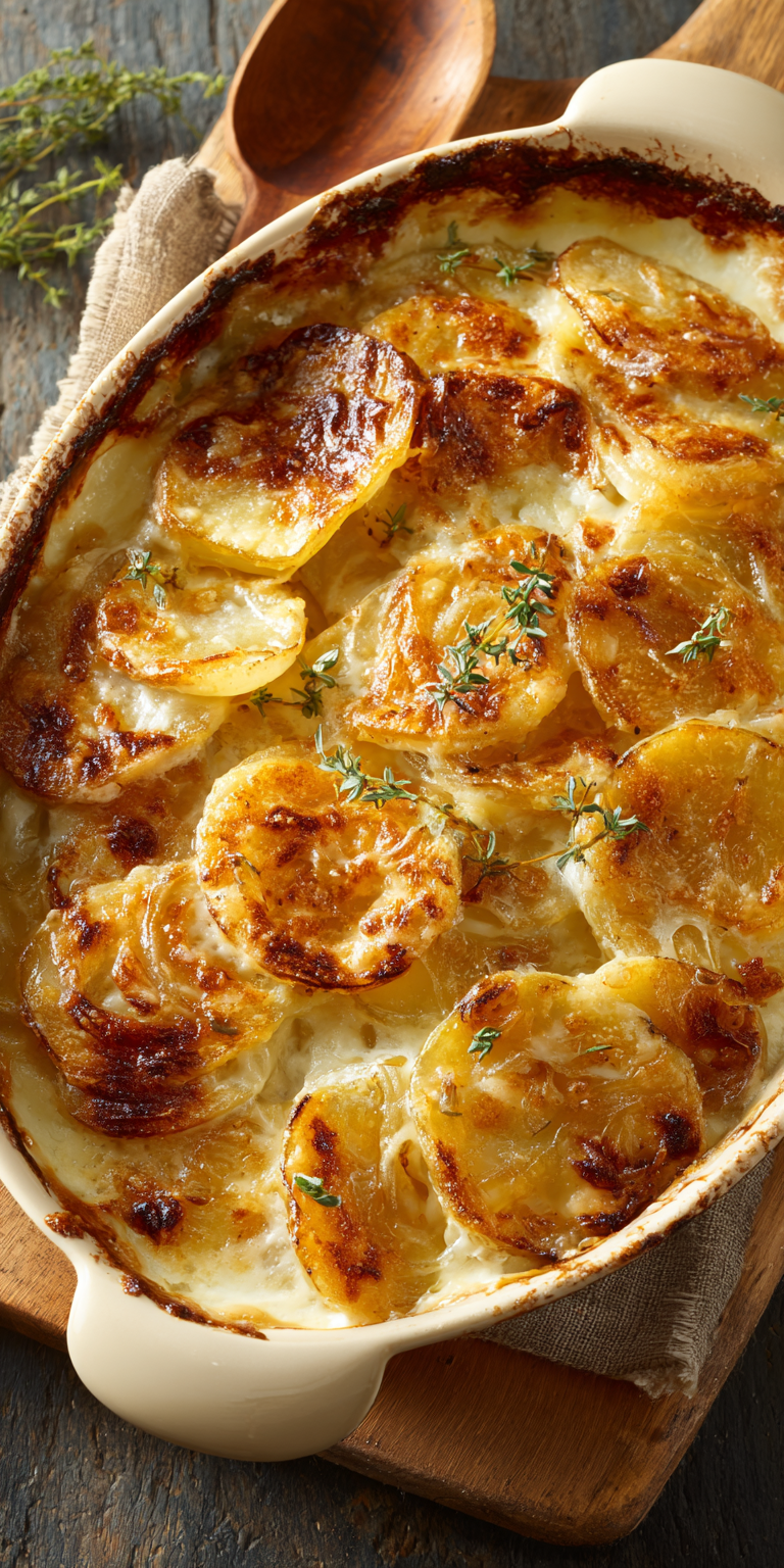 Caramelized Onion Scalloped Potatoes served warm with cozy spices