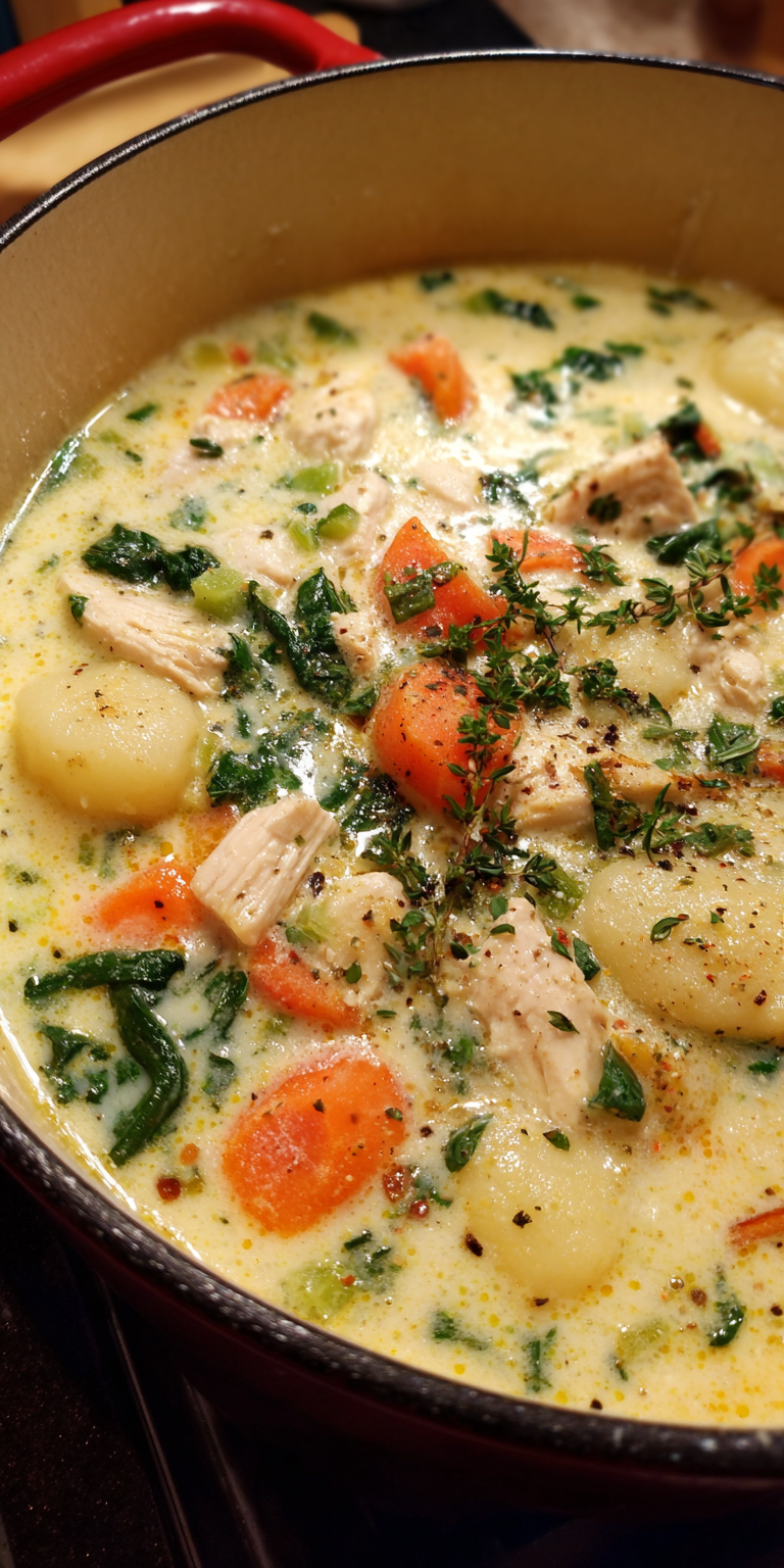 Chicken and Gnocchi Spring Soup served warm with cozy spices