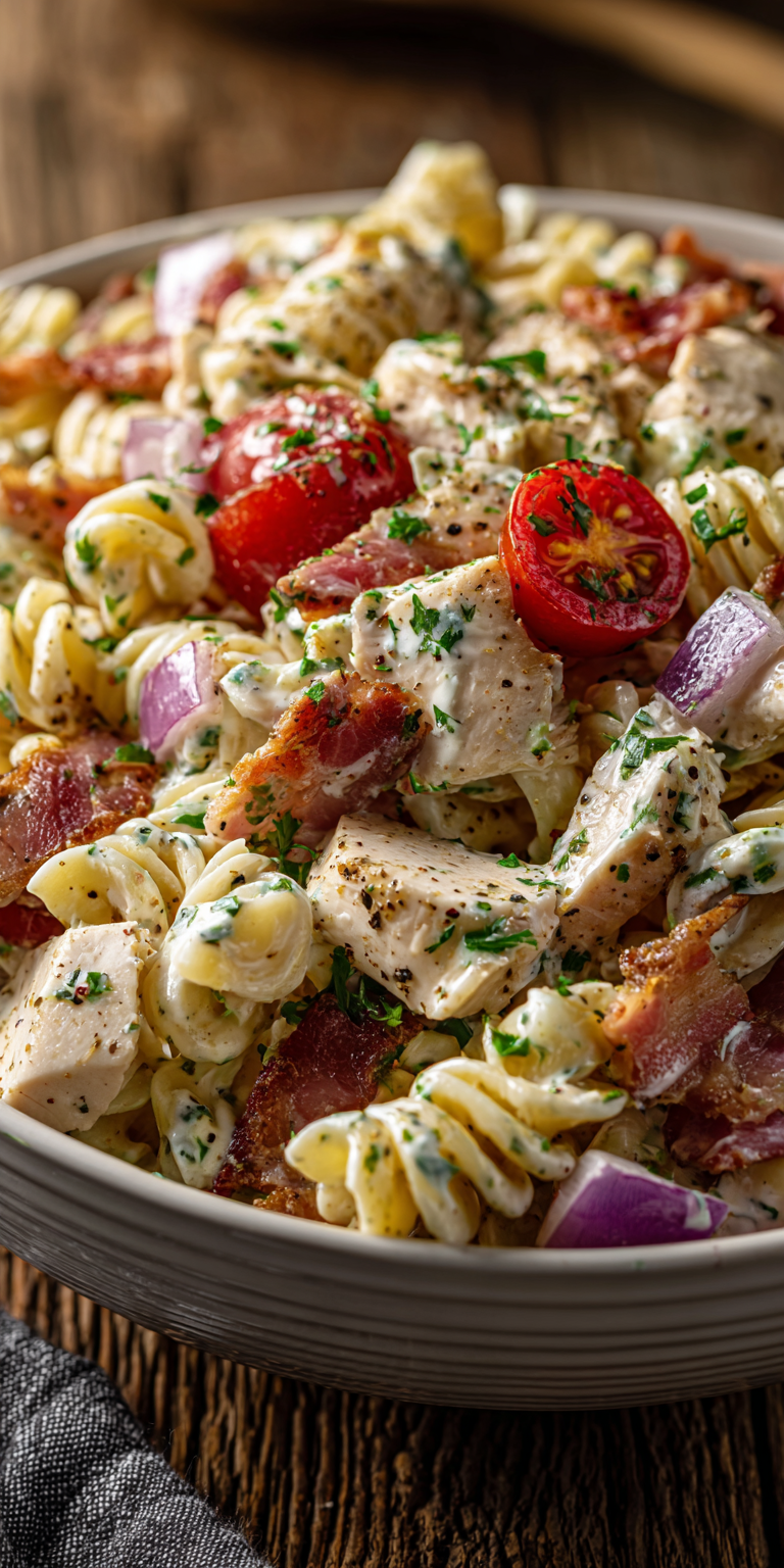 Chicken Bacon Ranch Pasta Salad served warm with cozy spices
