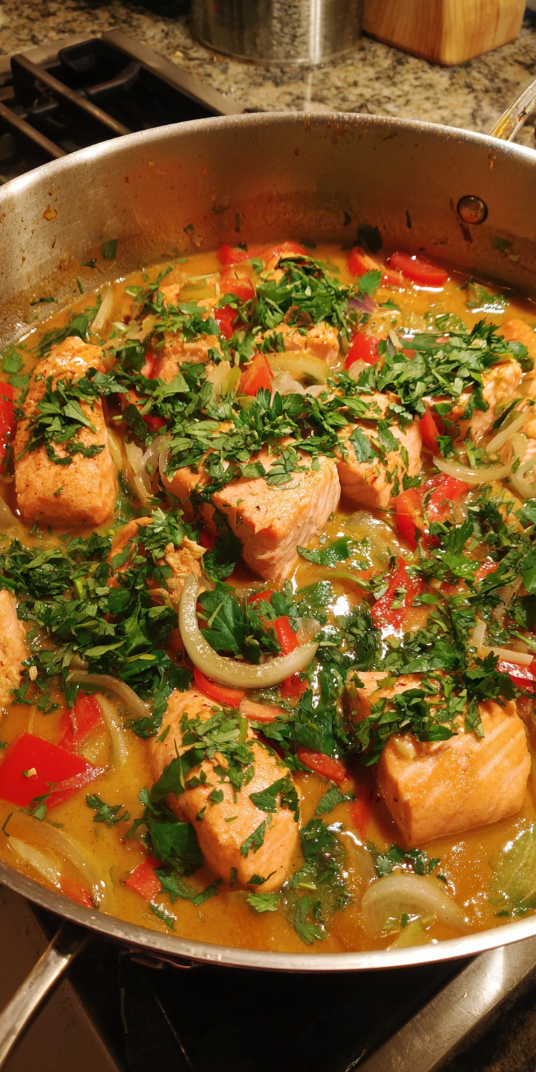 Coconut Curry Salmon Stew served warm with cozy spices