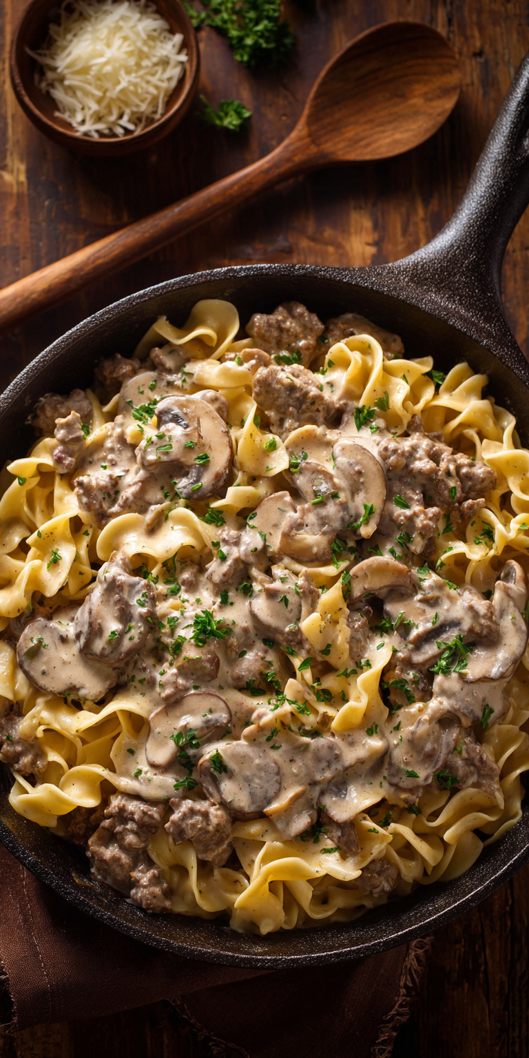 Creamy Beef Stroganoff Pasta served warm with cozy spices