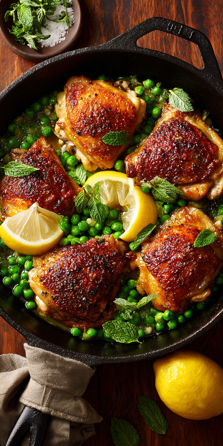 Crispy Skin Chicken with Peas and Mint served warm with gentle spices and a cozy aroma