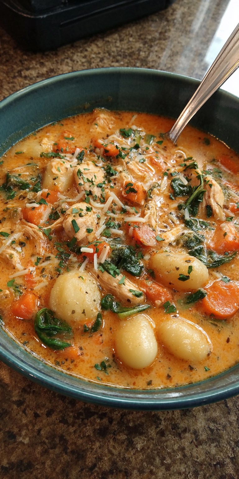 Crockpot Chicken Gnocchi Soup served warm with cozy spices