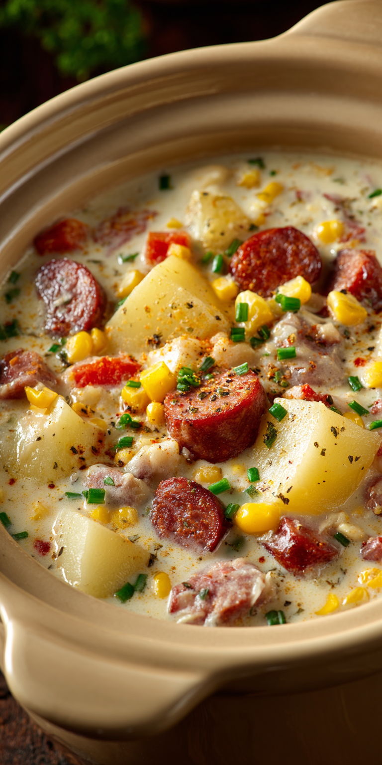Crockpot Corn Chowder with Bacon served warm with cozy spices