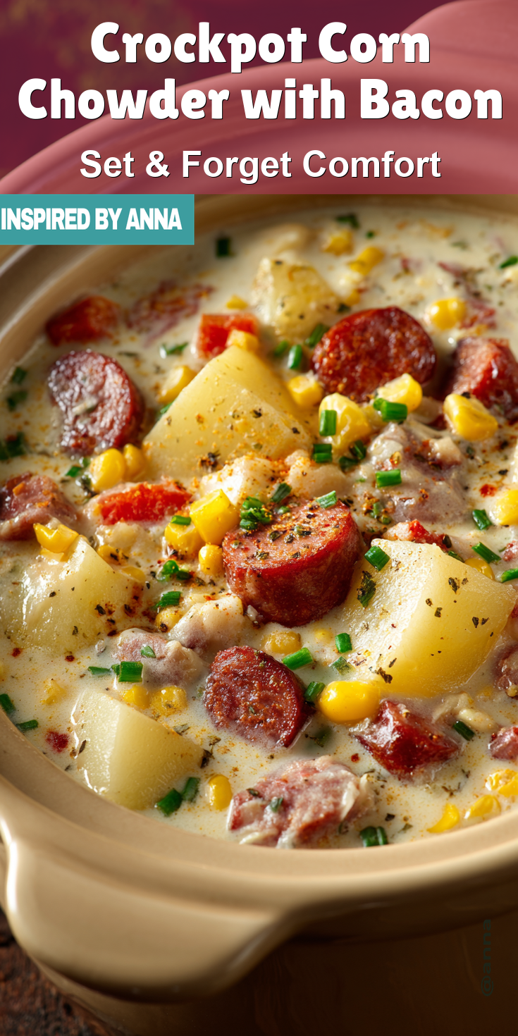 Crockpot Corn Chowder with Bacon served warm with cozy spices