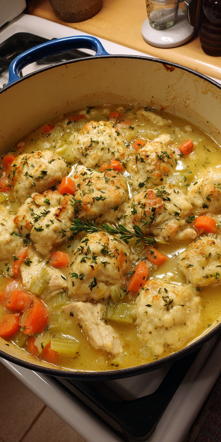 Dutch Oven Chicken And Dumplings served warm with cozy spices