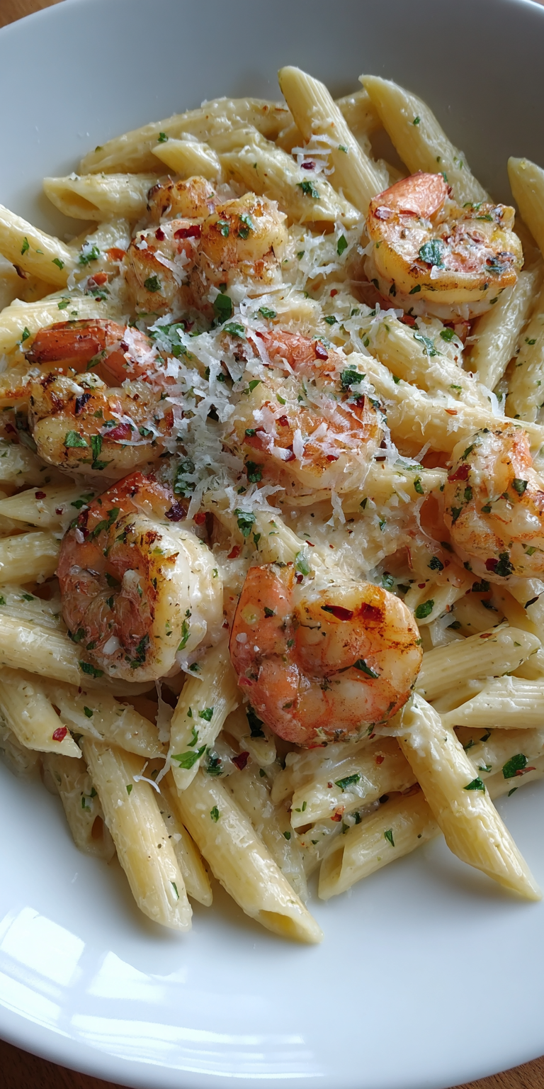 Garlic Parmesan Shrimp Seafood Pasta served warm with cozy spices