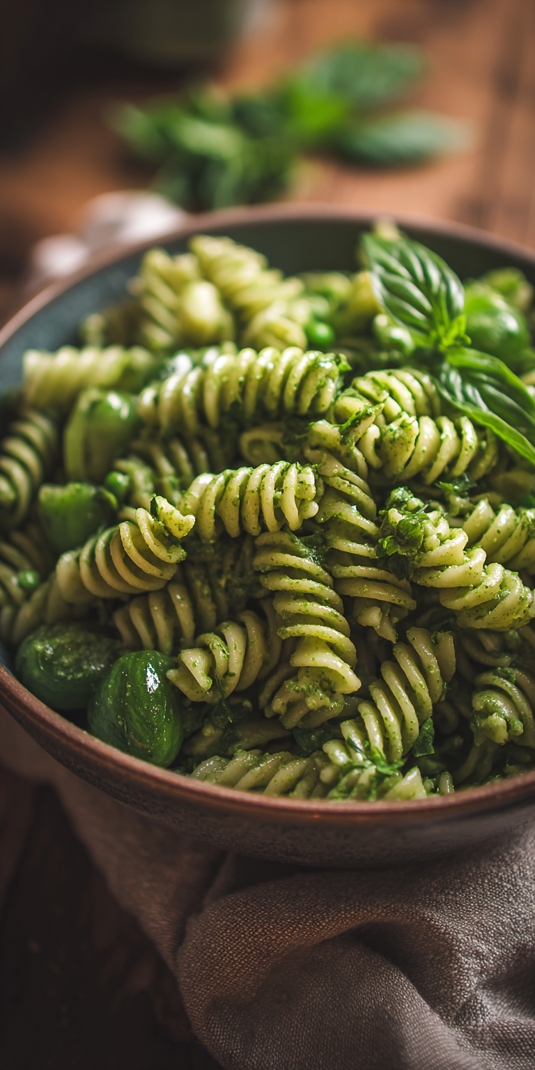 Green Goddess Garden Pasta Salad served warm with cozy spices