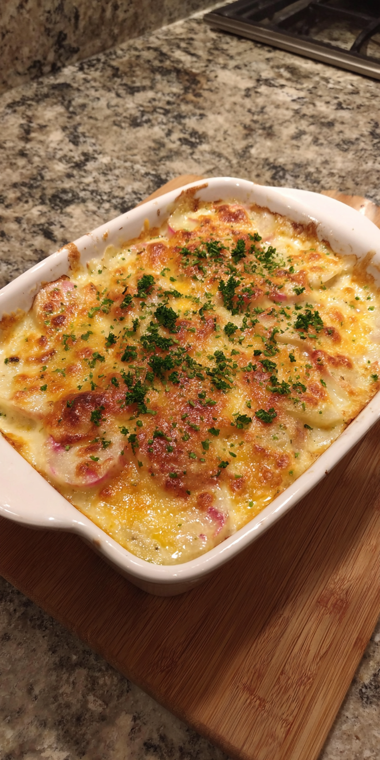 Keto Radish Scalloped Potatoes Mock served warm with cozy spices