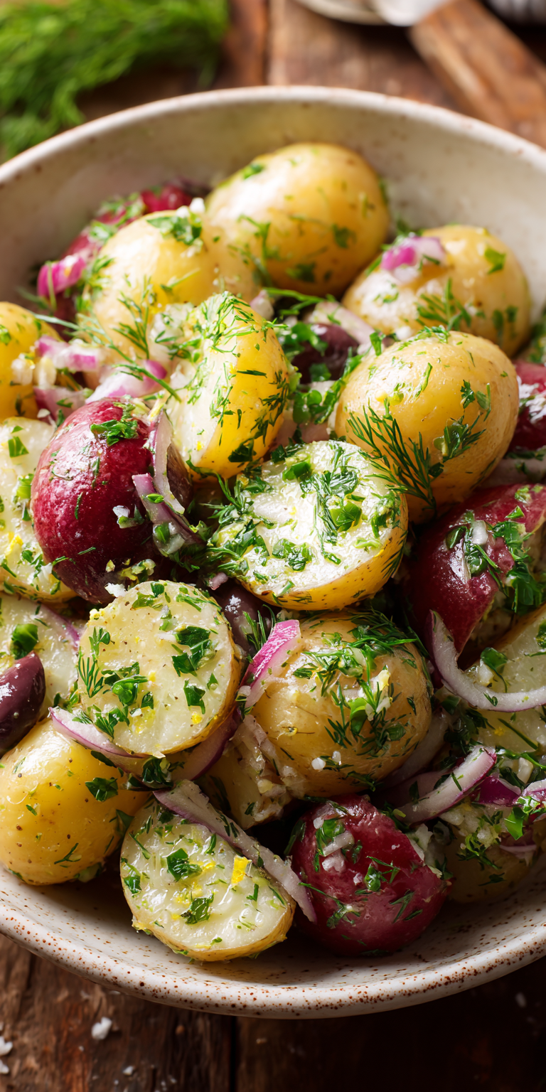 Lemon Dill Mediterranean Potato Salad served warm with cozy spices