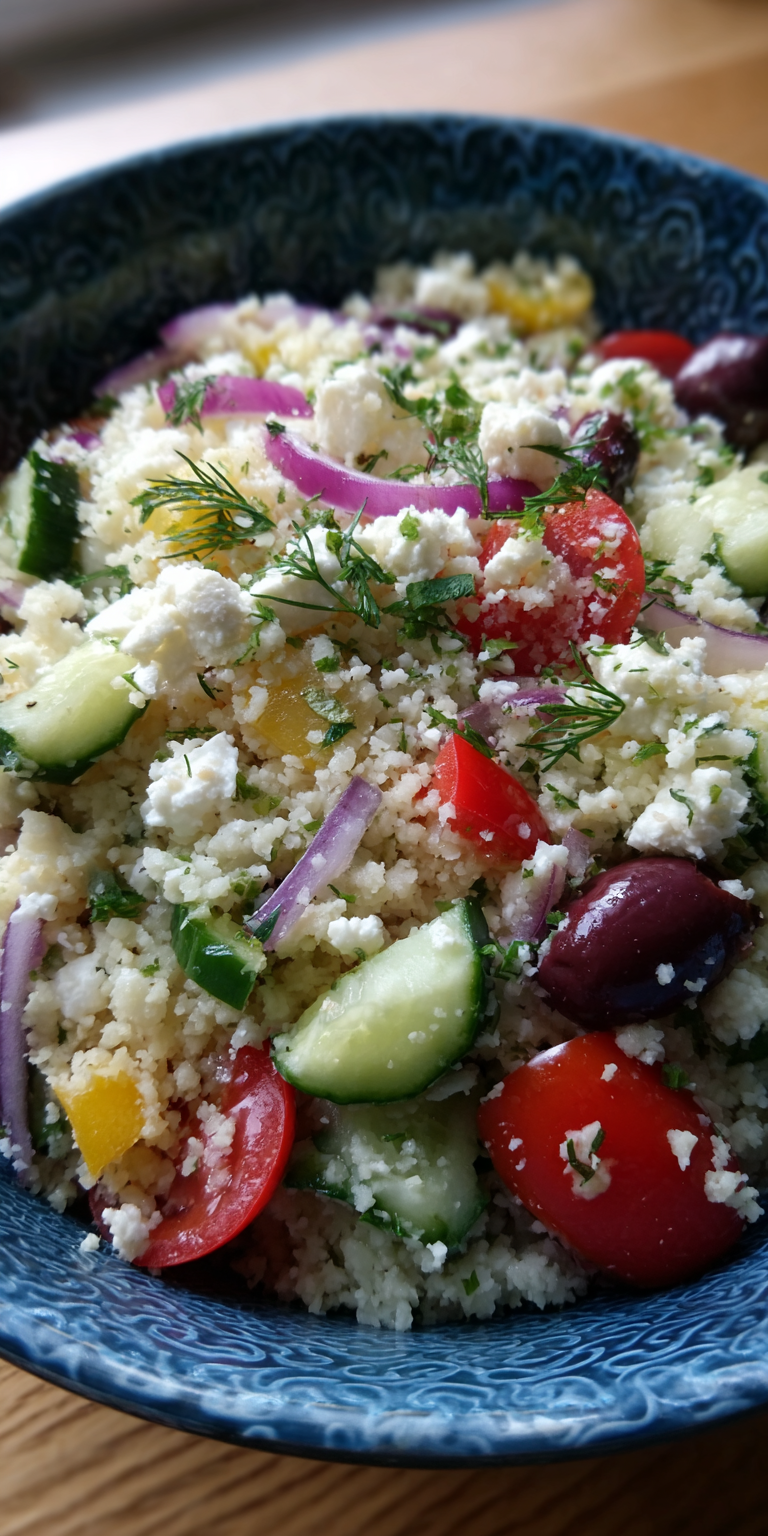 Low Carb Cauliflower Rice Greek Salad served warm with cozy spices