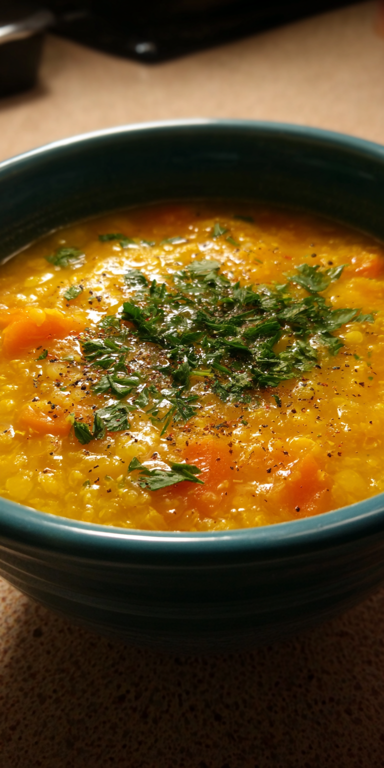 Red Lentil and Lemon Spring Soup served warm with cozy spices