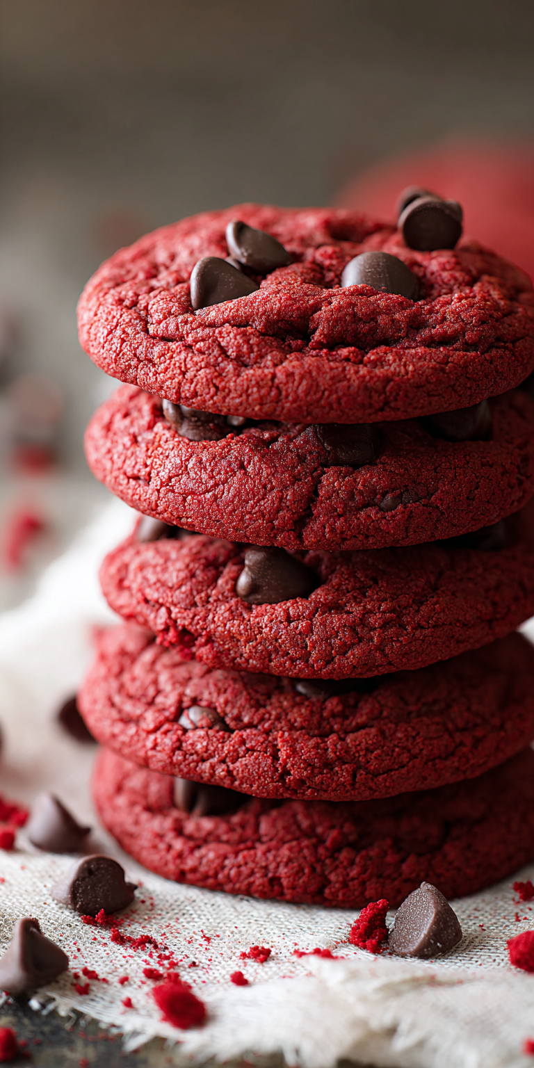 Red Velvet Chocolate Chip Cookies served warm with cozy spices