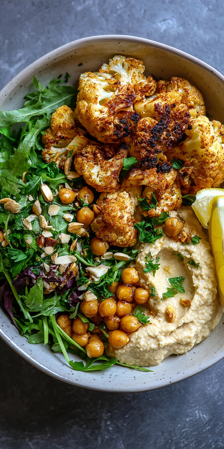 Roasted Cauliflower Hummus Salad Bowl served warm with cozy spices