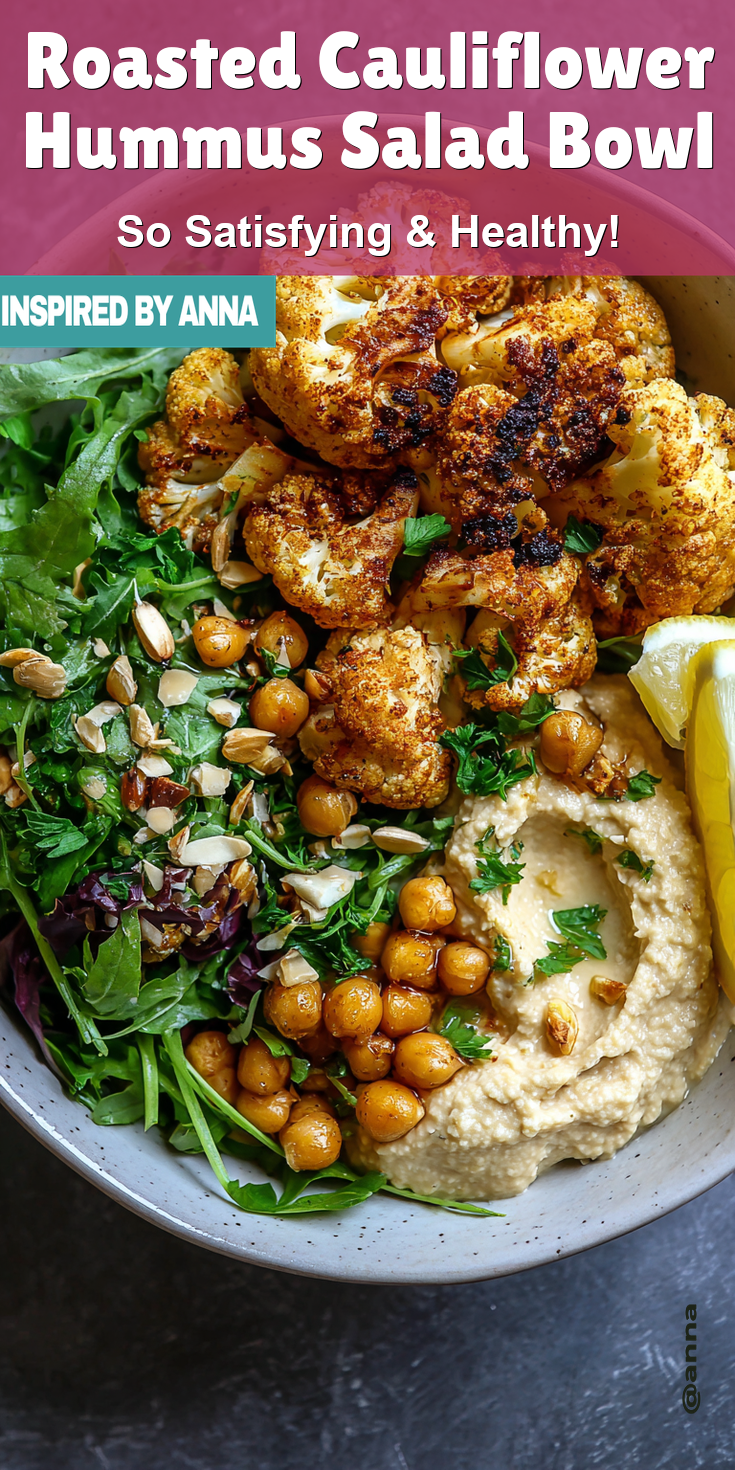 Roasted Cauliflower Hummus Salad Bowl served warm with cozy spices