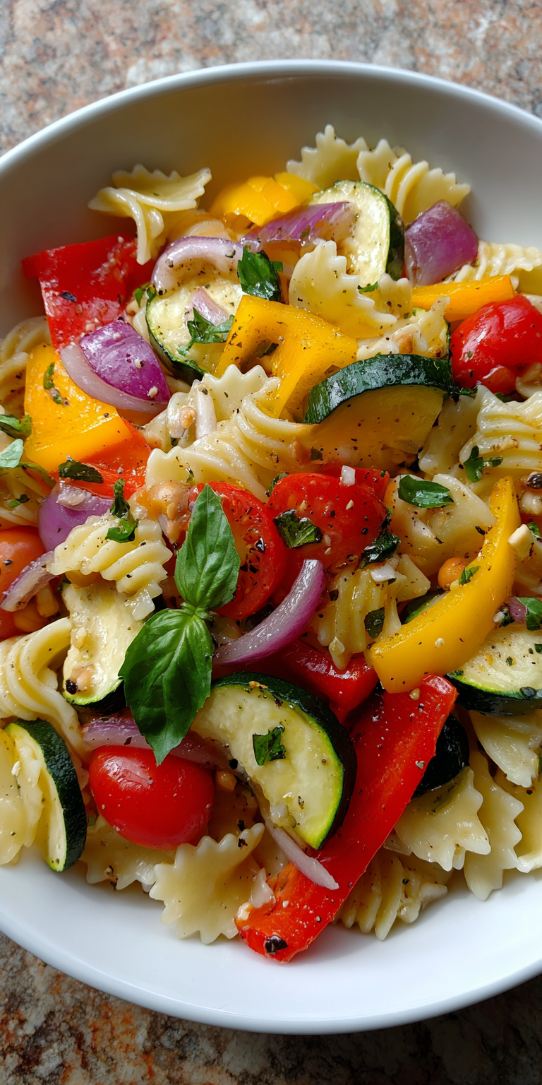 Roasted Vegetable Cold Pasta Salad served warm with cozy spices