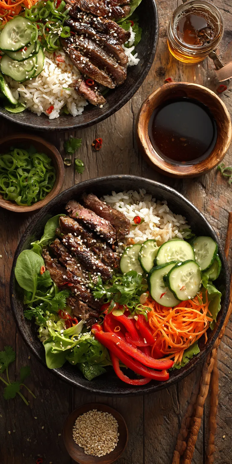 Sesame Ginger Beef Salad Bowl served warm with cozy spices