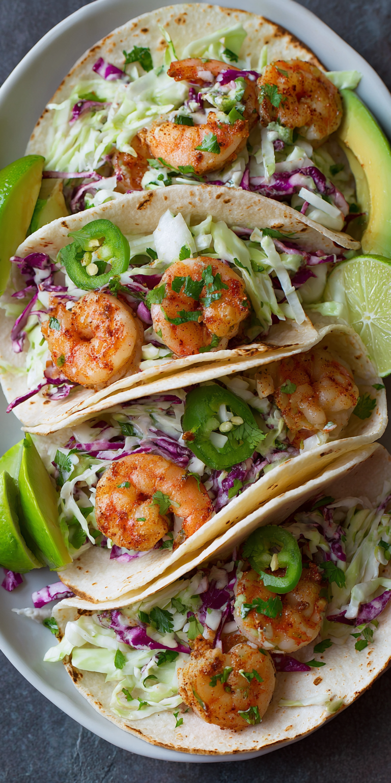 Shrimp Tacos with Jalapeno Slaw served warm with cozy spices