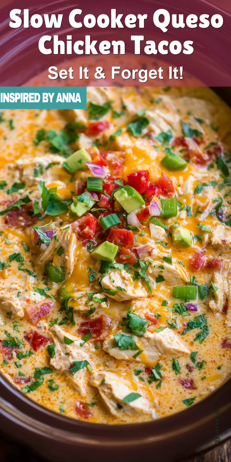 Slow Cooker Queso Chicken Tacos served warm with cozy spices